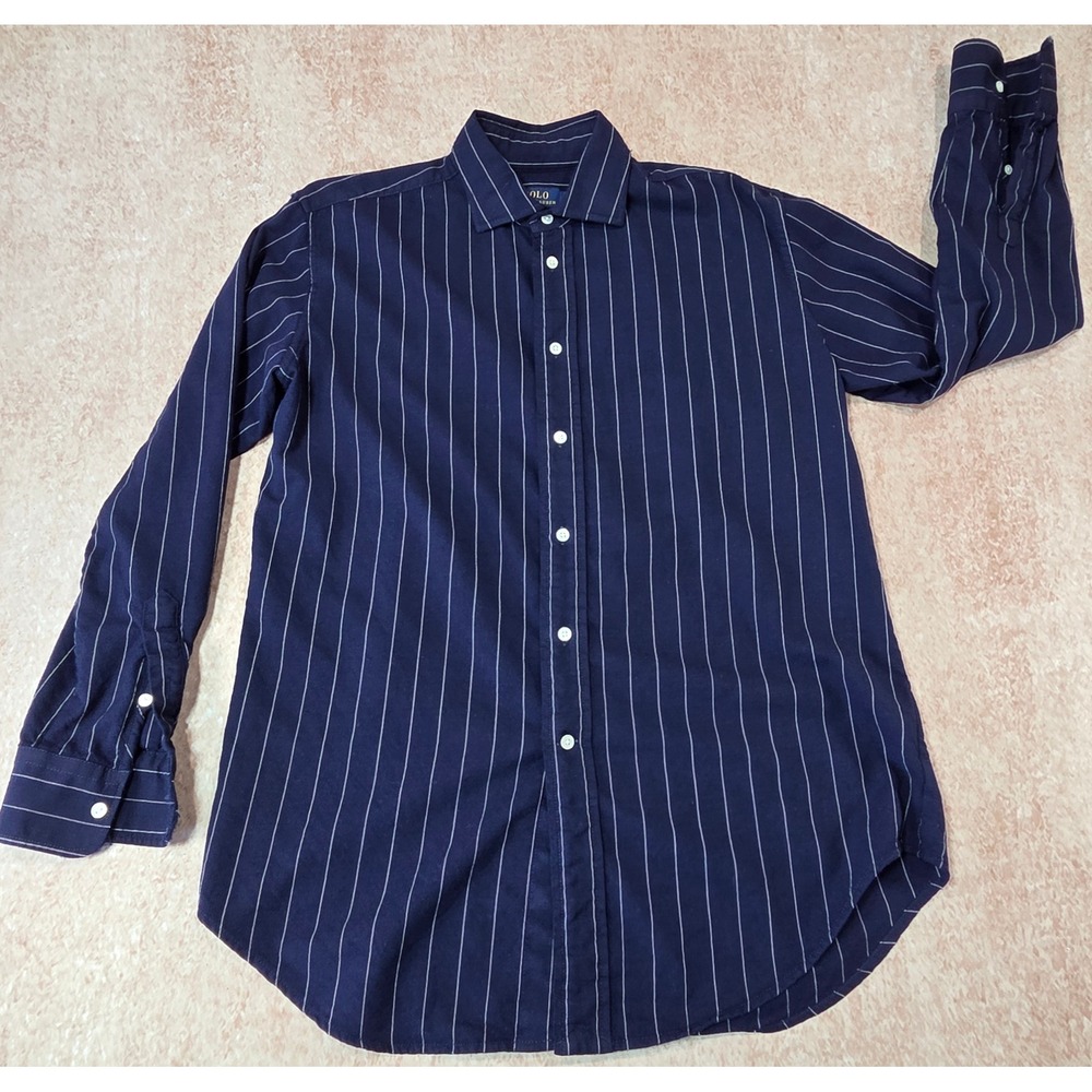 Polo Ralph Lauren Navy Blue Pinstripe Virgin Wool Blend Button Down Shirt Size 6